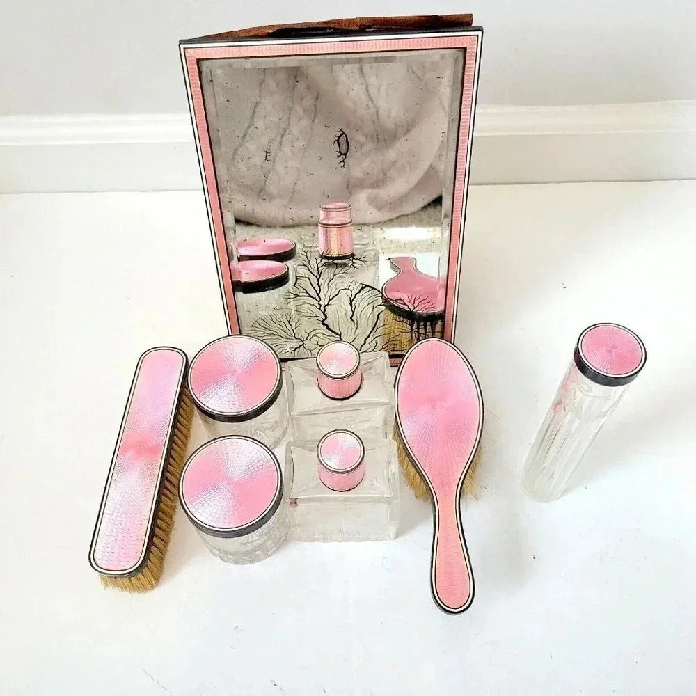 Alphonse Debain Sterling Silver & Guilloche Enamel 8 Piece Dresser Set .950